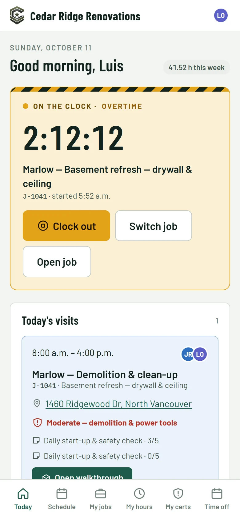 A crew member's phone: on the clock, today's visit and the site's safety notes